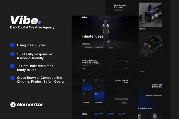 Vibe Dark Digital Creative Agency & Portfolio Elementor Template Kit