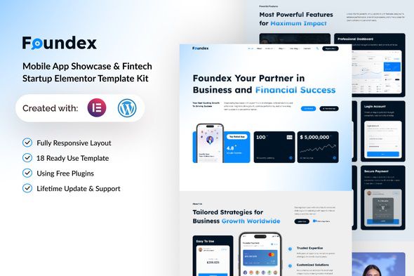 Foundex - Mobile App Showcase & Fintech Startup Elementor Template Kit 1 Foundex Mobile App Showcase & Fintech Startup Elementor Template Kit
